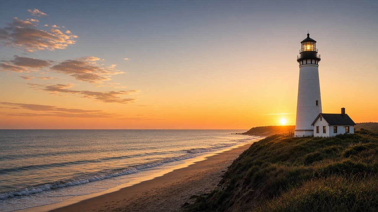A white lighthouse and keeper&rsquo;s cottage on a grassy bluff at golden sunset