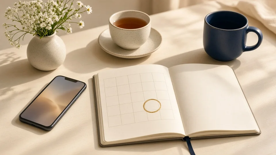 An open planner with a date circled in gold beside a cup of tea and a phone