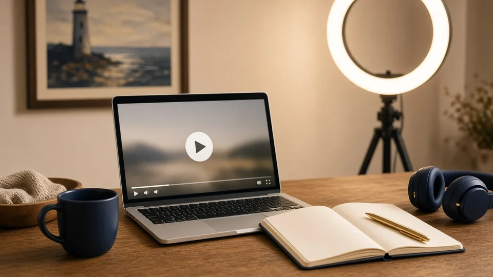 A laptop on a desk with a notebook, headphones and a ring light