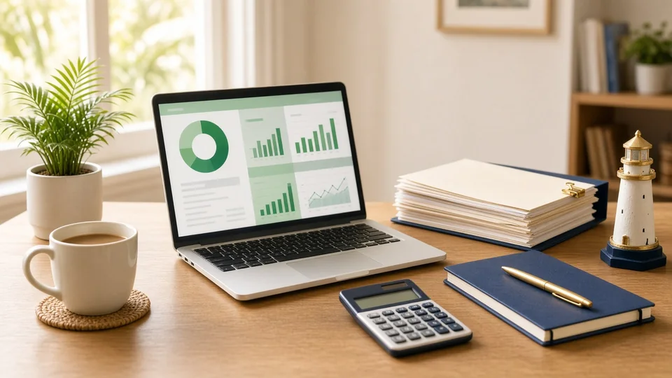 A tidy bookkeeping desk with a laptop showing charts, a calculator, folders and a small lighthouse figurine